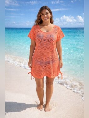 Crochet Swim Coverup Tunic in Coral Orange PRICE DROP ⭐️
